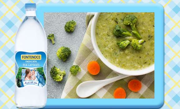 pappa broccoli svezzamento con bottiglia acqua fontenoce