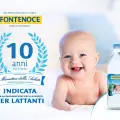 10 anni certificazione Fontenoce acqua lattanti. Bambino con bottiglia Fontenoce linea pediatrica